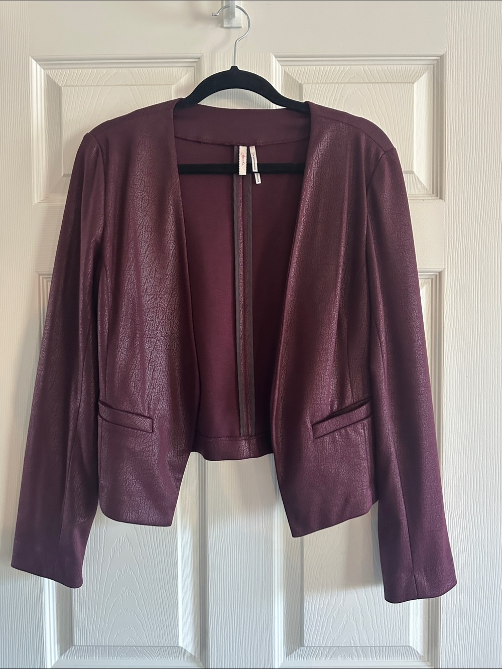 Frenchi Plum Open-Front Faux Leather Jacket